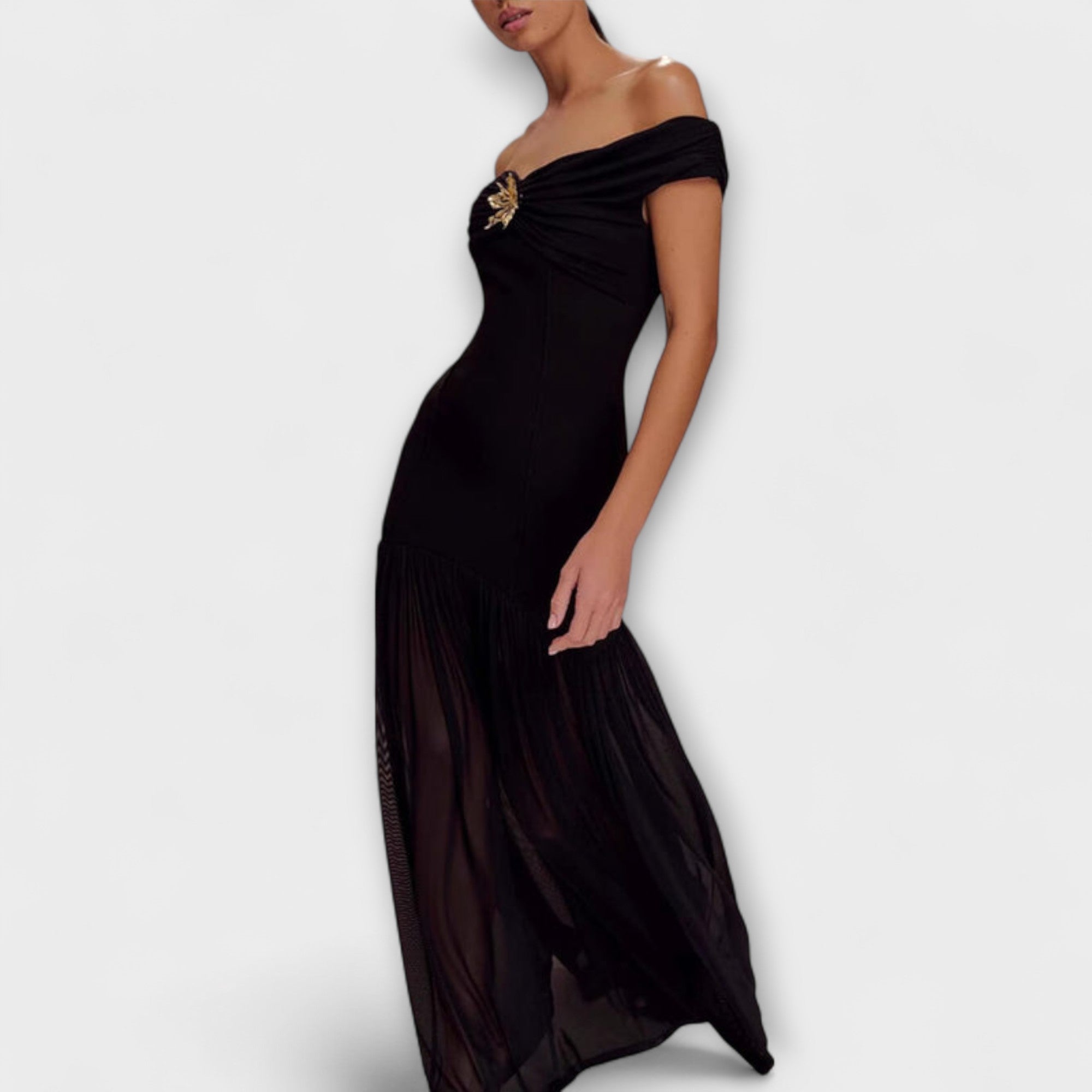 מאילי - שמלת מקסי גוף צמודה ללא רצועות עם קישוטים פרחוניים