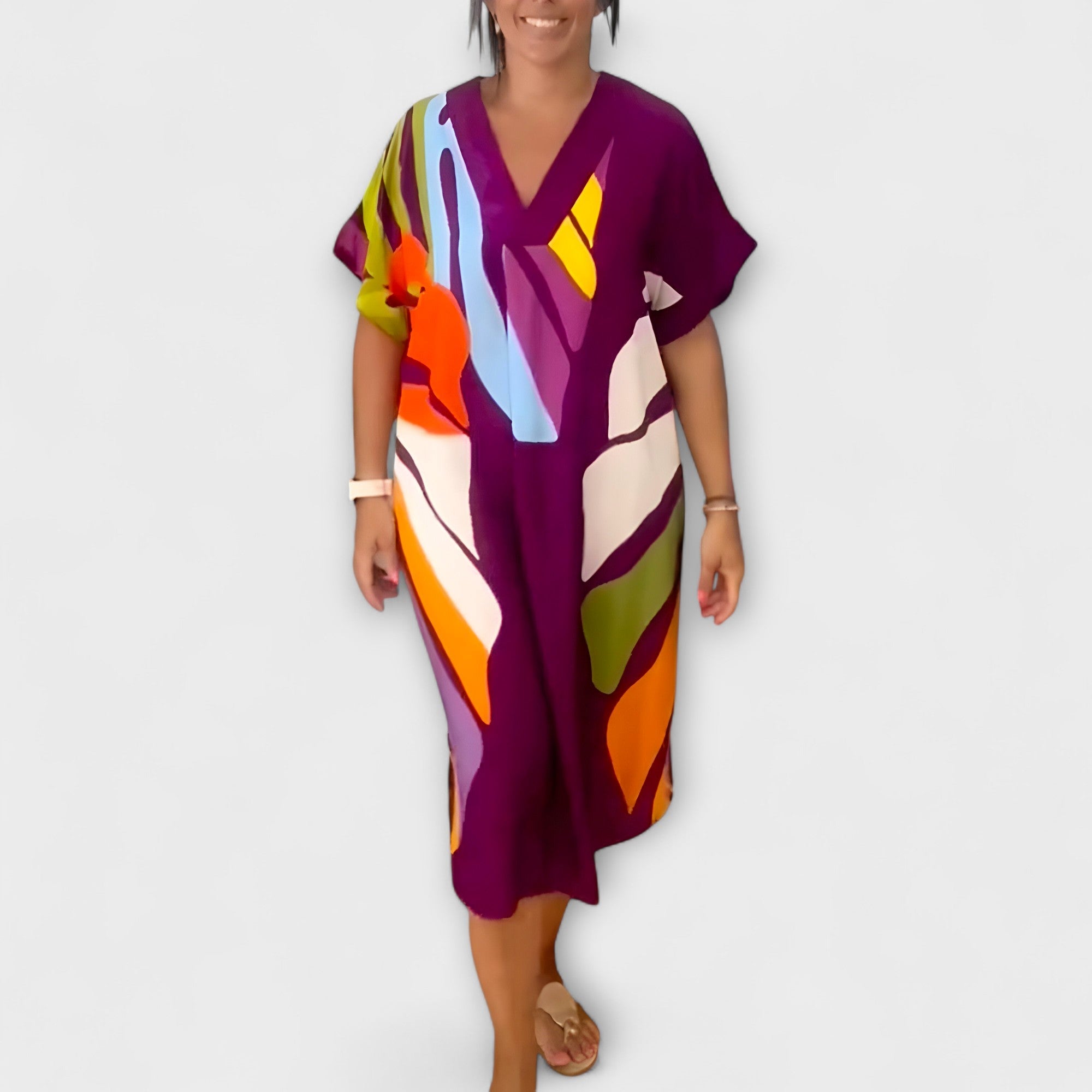 רוֹס - שמלה נינוחה עם הדפס עלים צבעוני