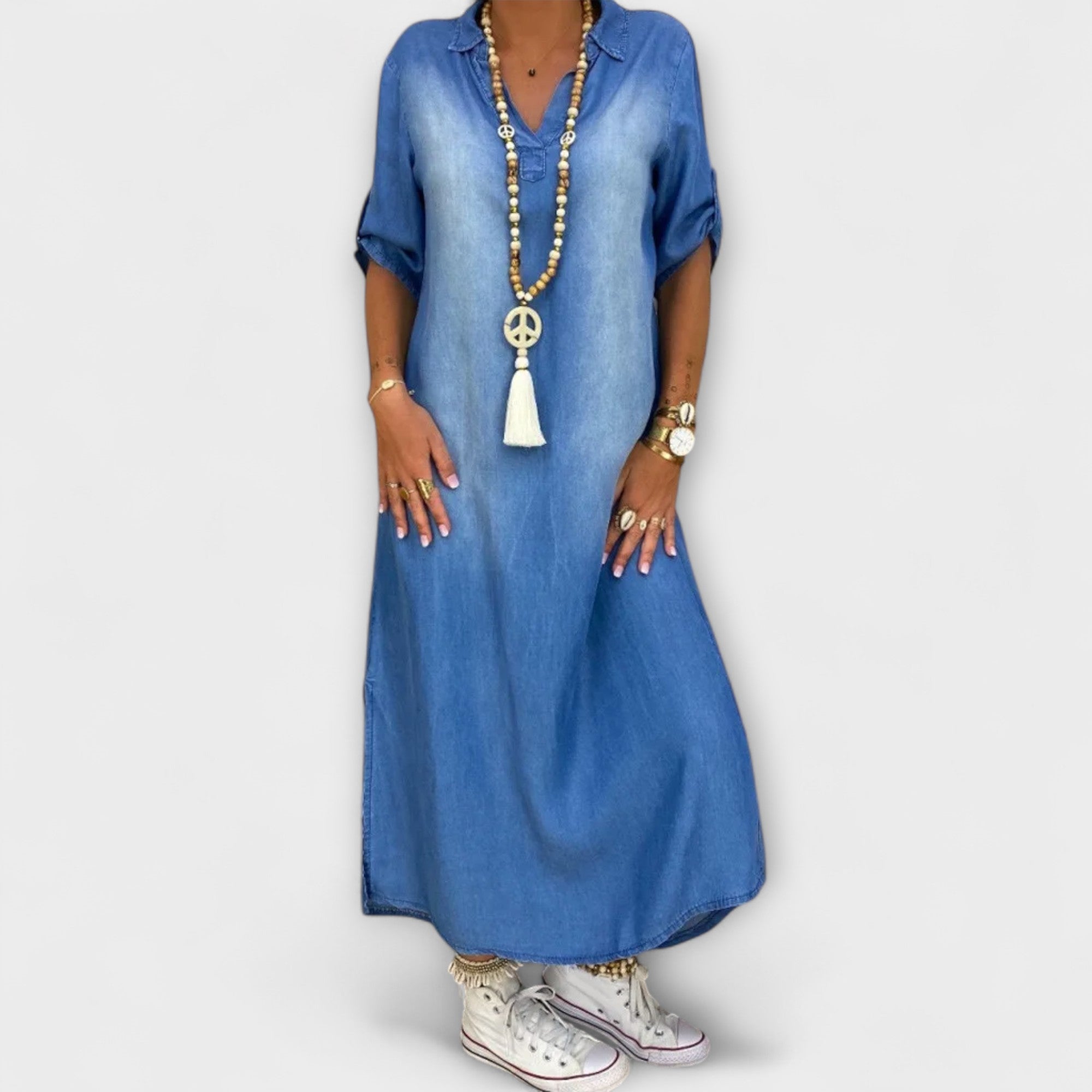 ליה - שמלת דנים ארוכה עם חריצים בצד