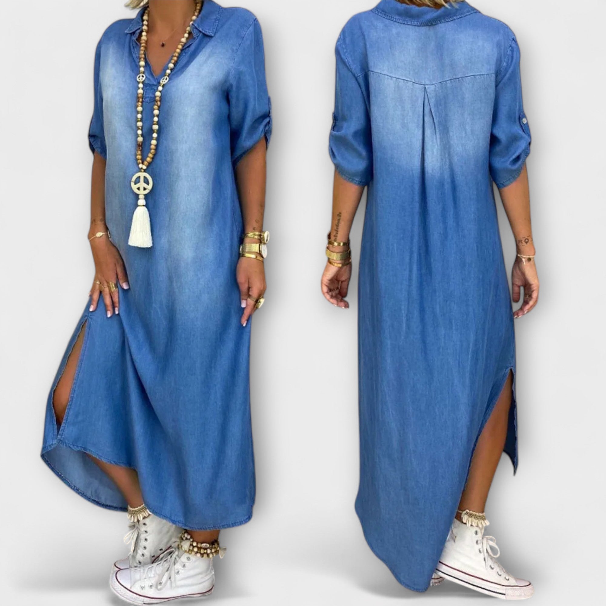 ליה - שמלת דנים ארוכה עם חריצים בצד