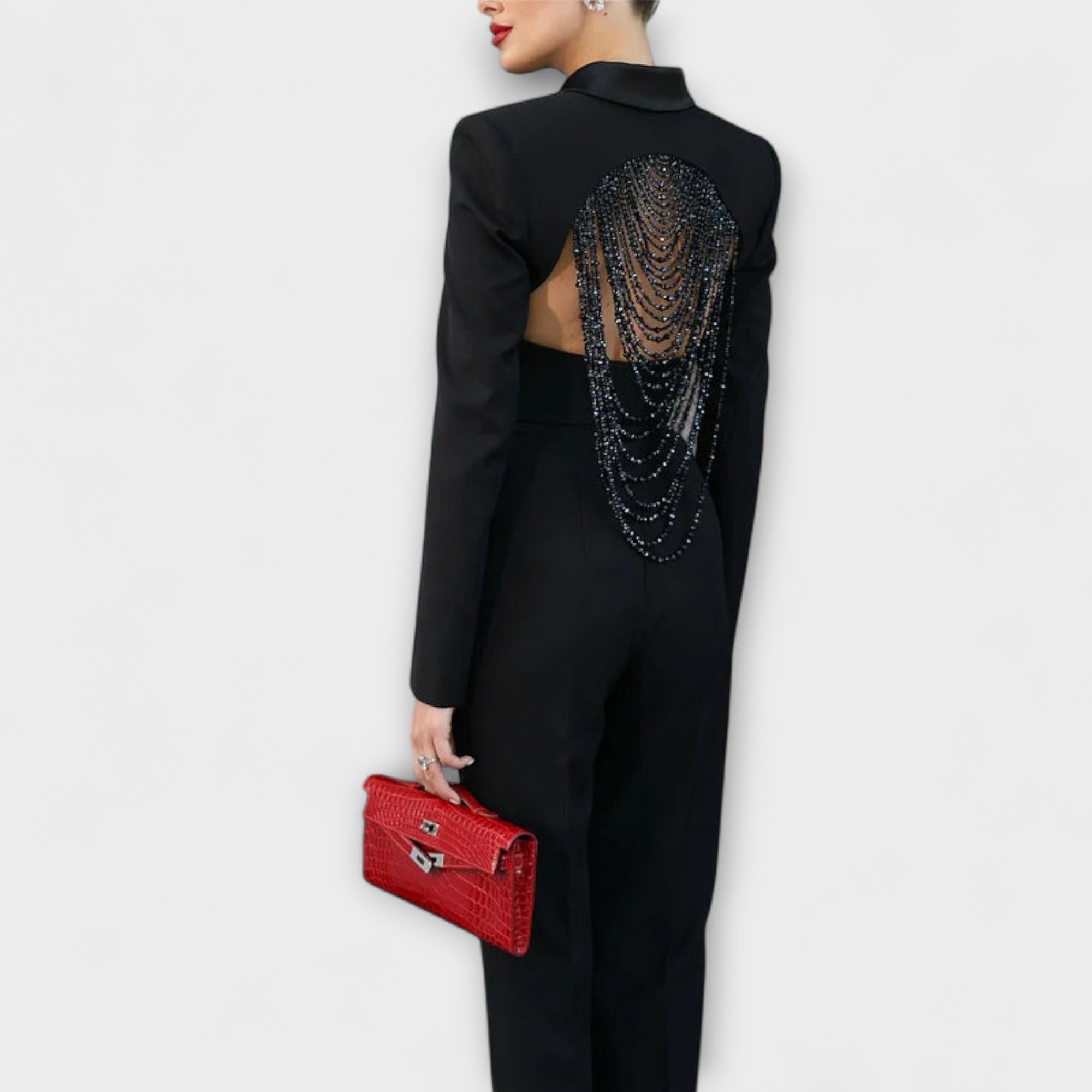 נועה - סט בלייזר קצר עם פנינים שחורות ללא גב