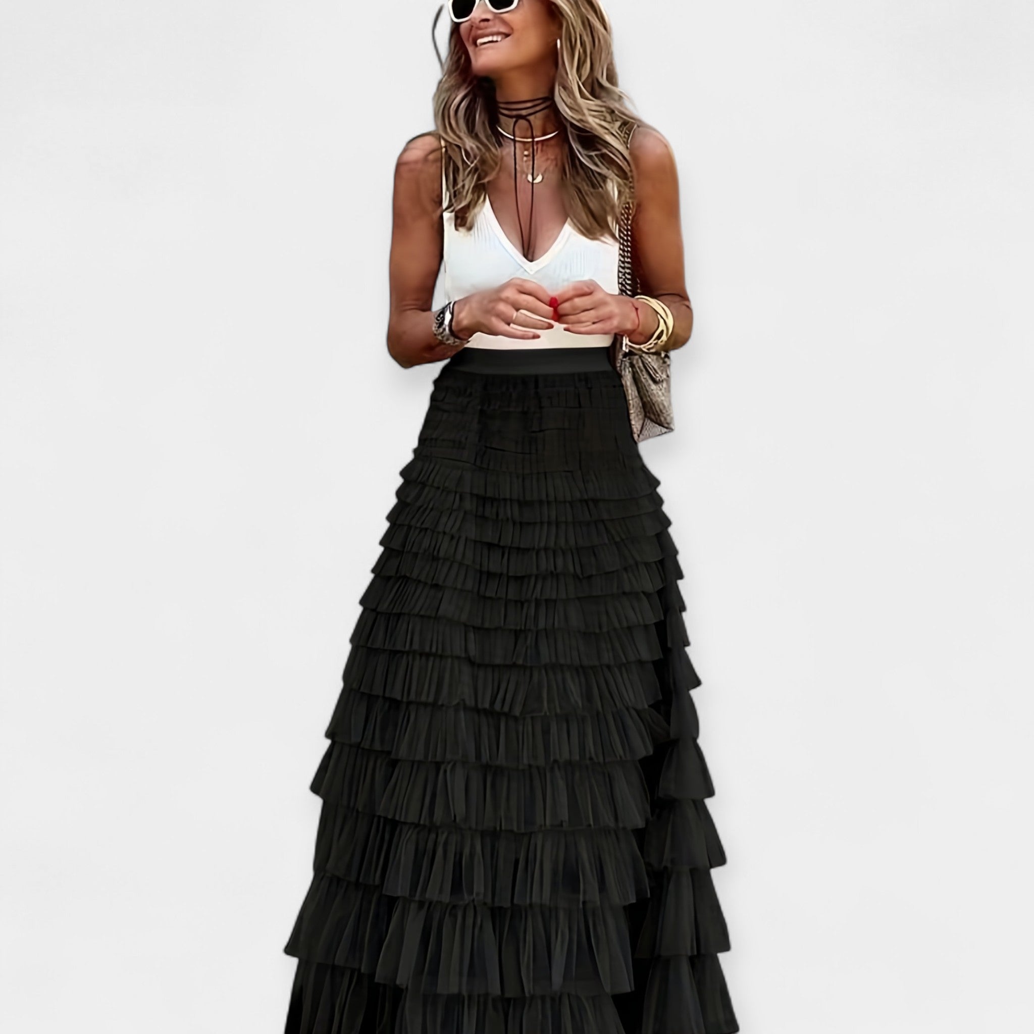 בוהו חצאית עם שולי סטן רשת