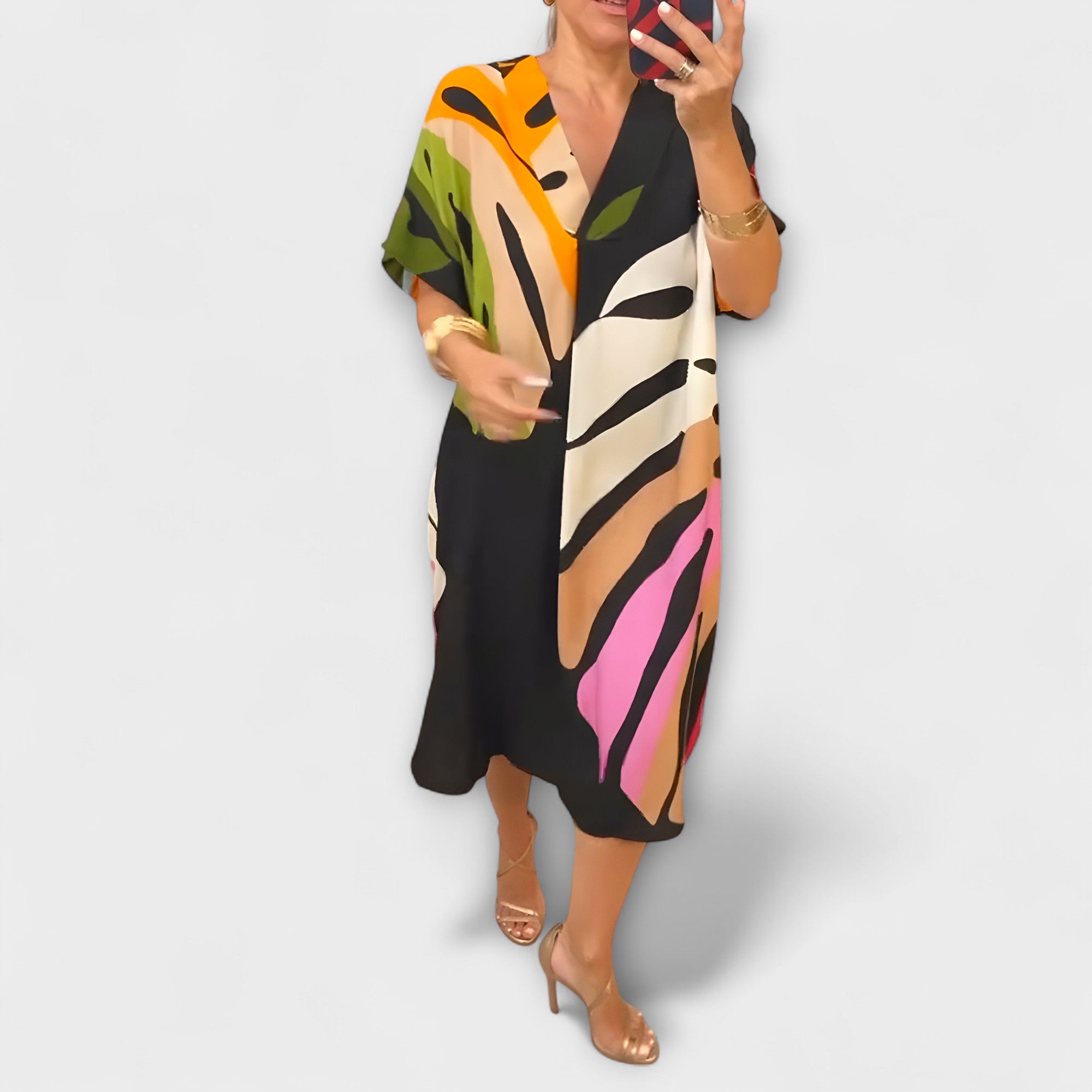 רוֹס - שמלה נינוחה עם הדפס עלים צבעוני