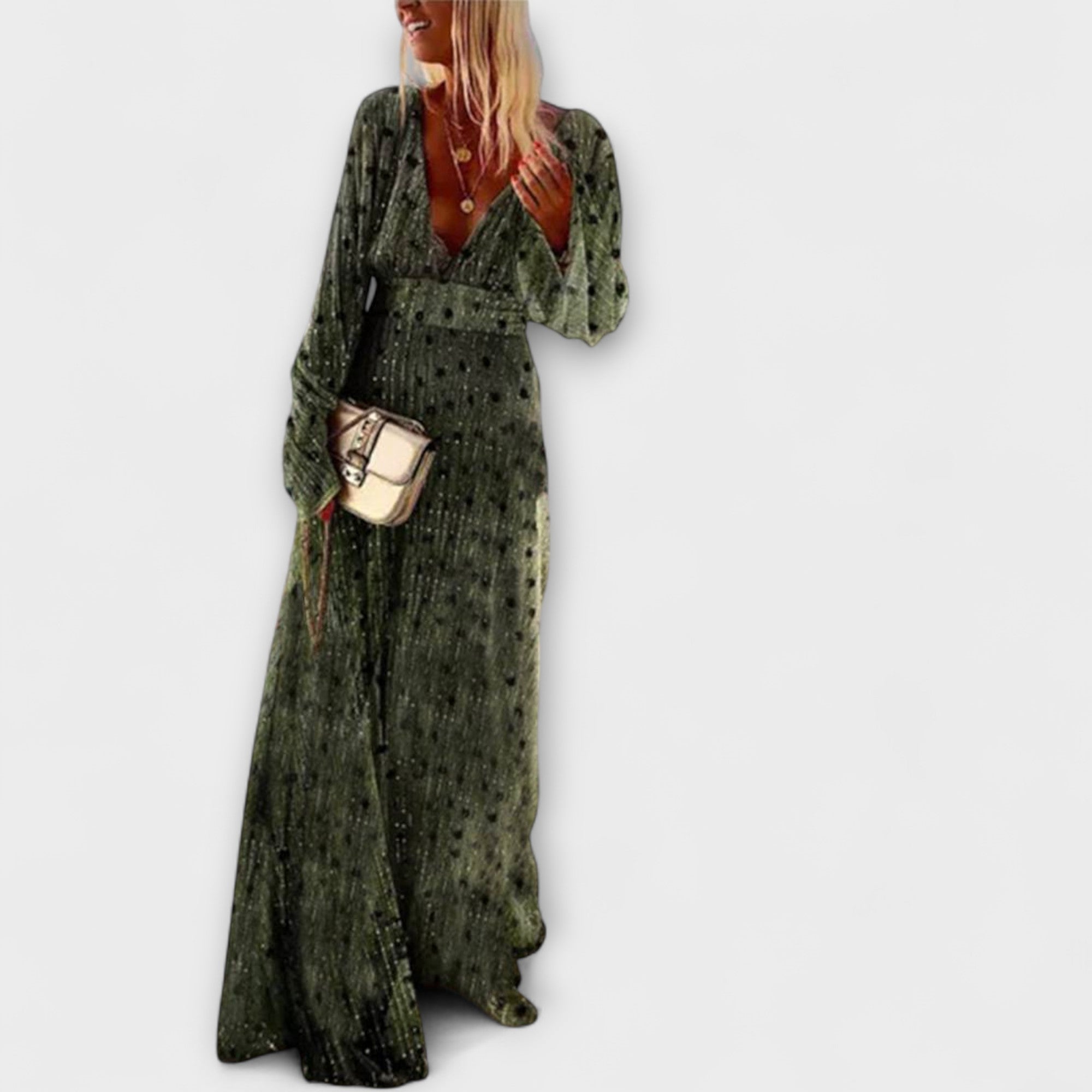 שמלה ארוכה אלגנטית עם הדפס פוקי דוט