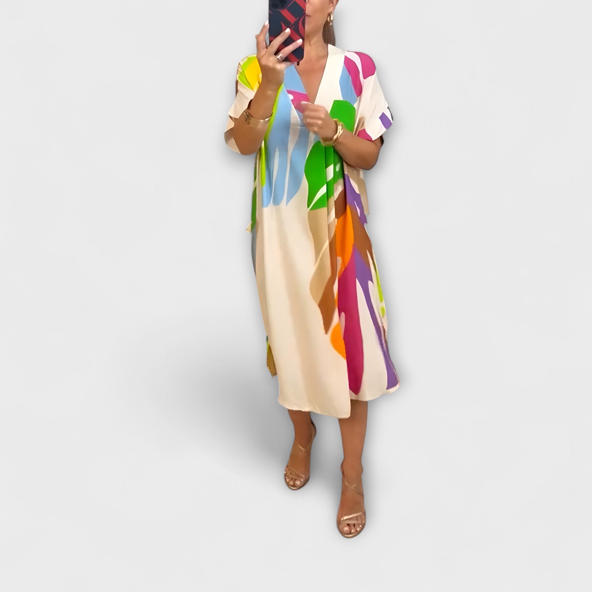 רוֹס - שמלה נינוחה עם הדפס עלים צבעוני