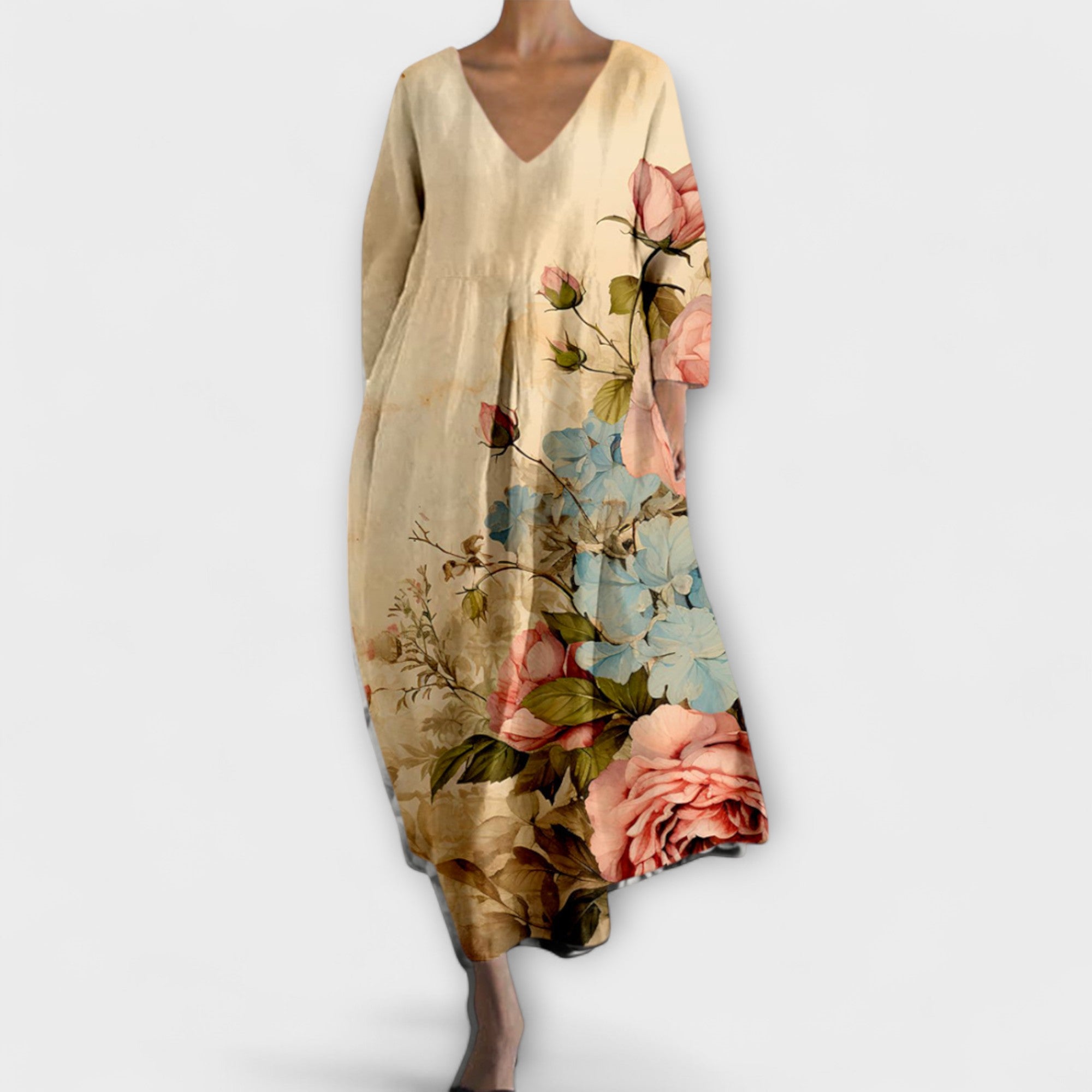 פיונה - שמלה ארוכה וצבעונית עם צווארון V