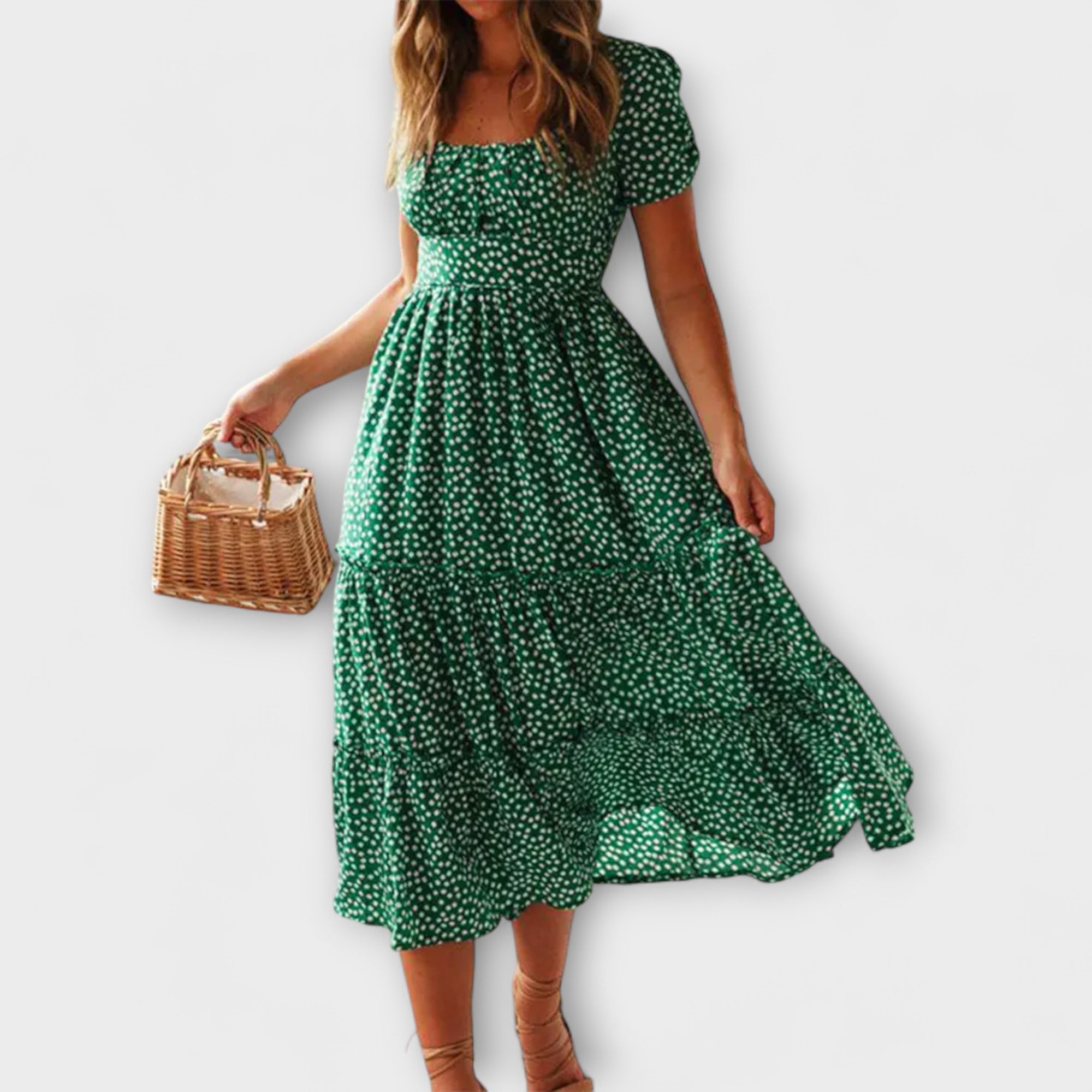 שמלת מקסי עם שרוולים נפוחים בעיצוב פרחים וינטג'