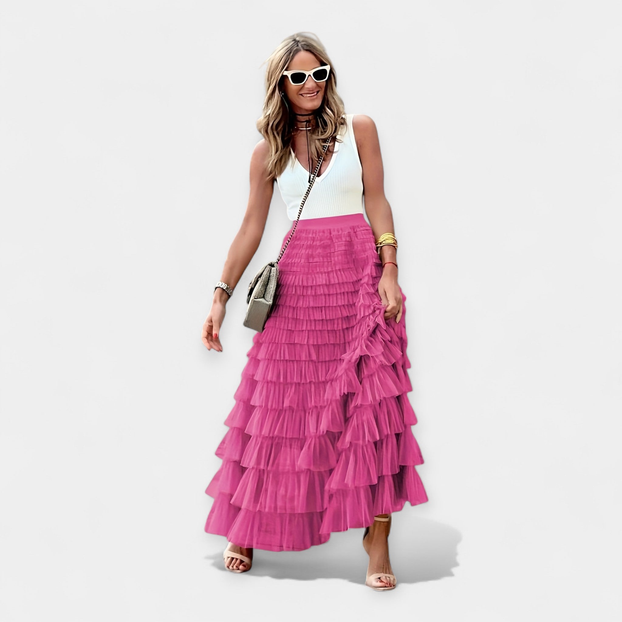 בוהו חצאית עם שולי סטן רשת