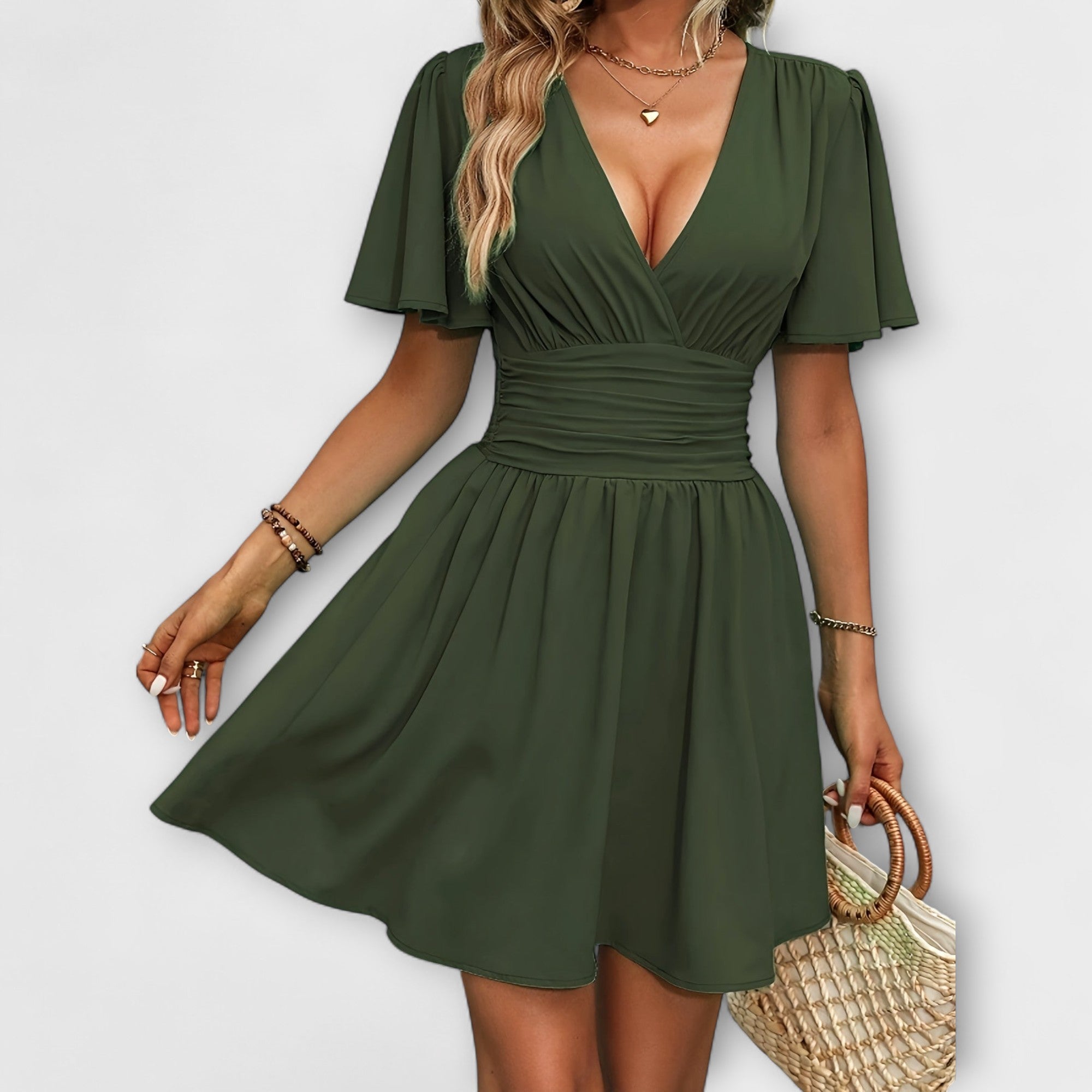 ווינסט - שמלה עם מותן מקופלת ו-V צווארון