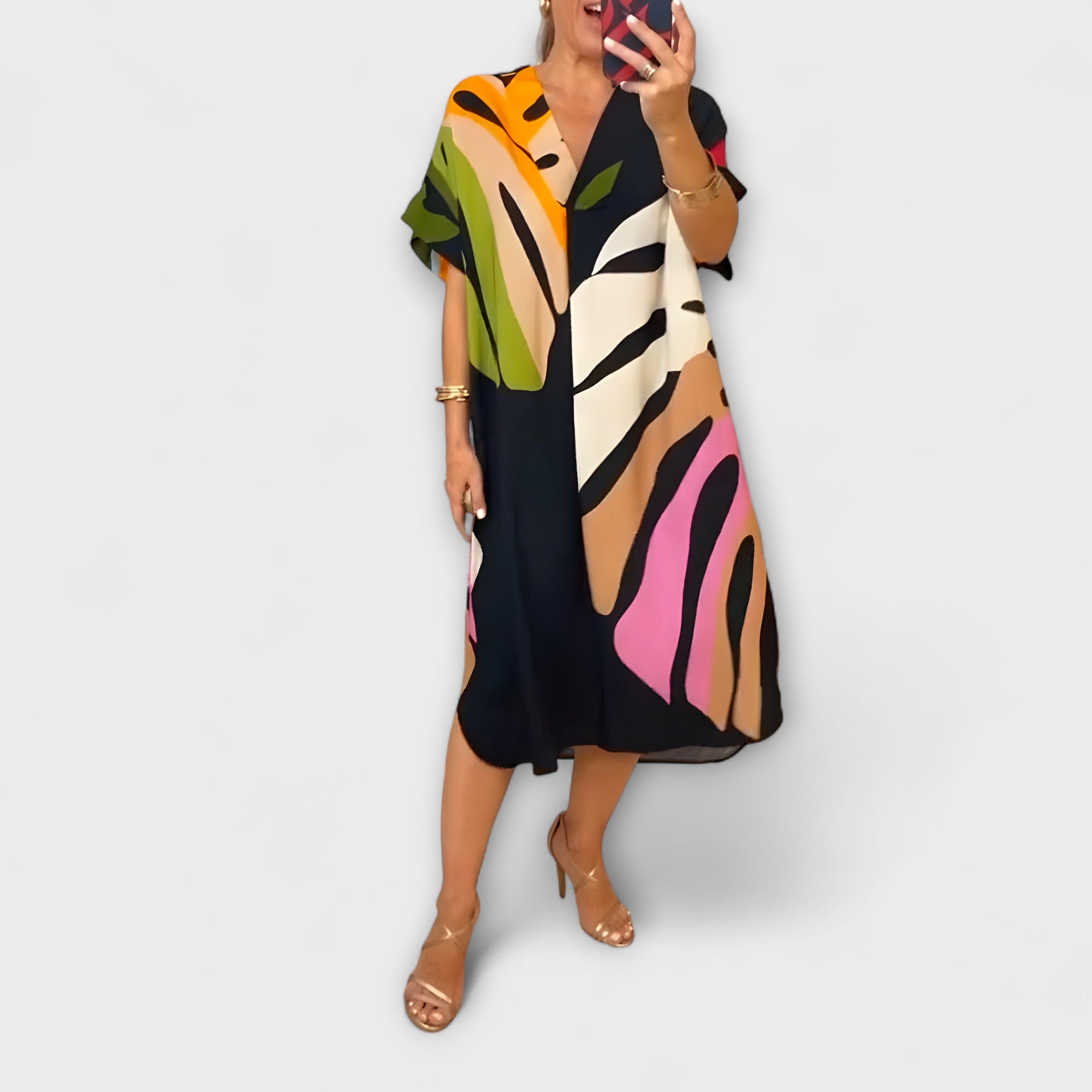 רוֹס - שמלה נינוחה עם הדפס עלים צבעוני