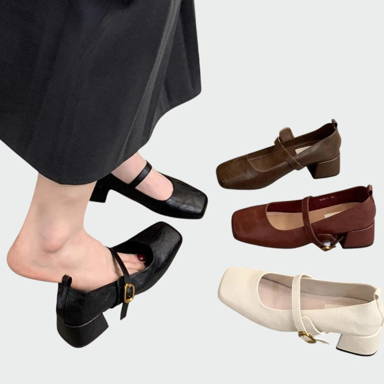 אוליביה – נעלי מרי ג'יין עם עקב גבוה בקצה מרובע